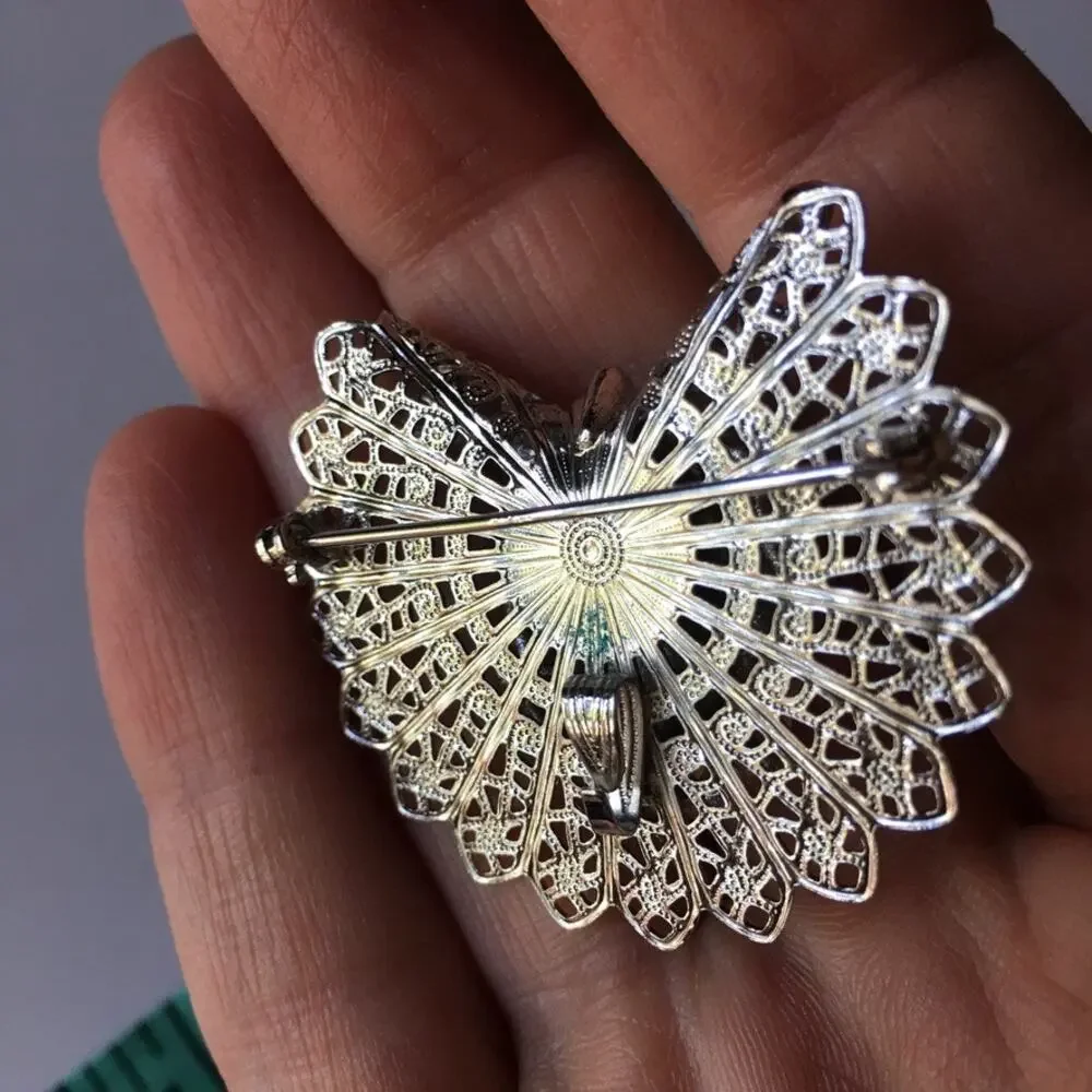 Ornate robin's egg blue and silver filigree convertible brooch, pendant